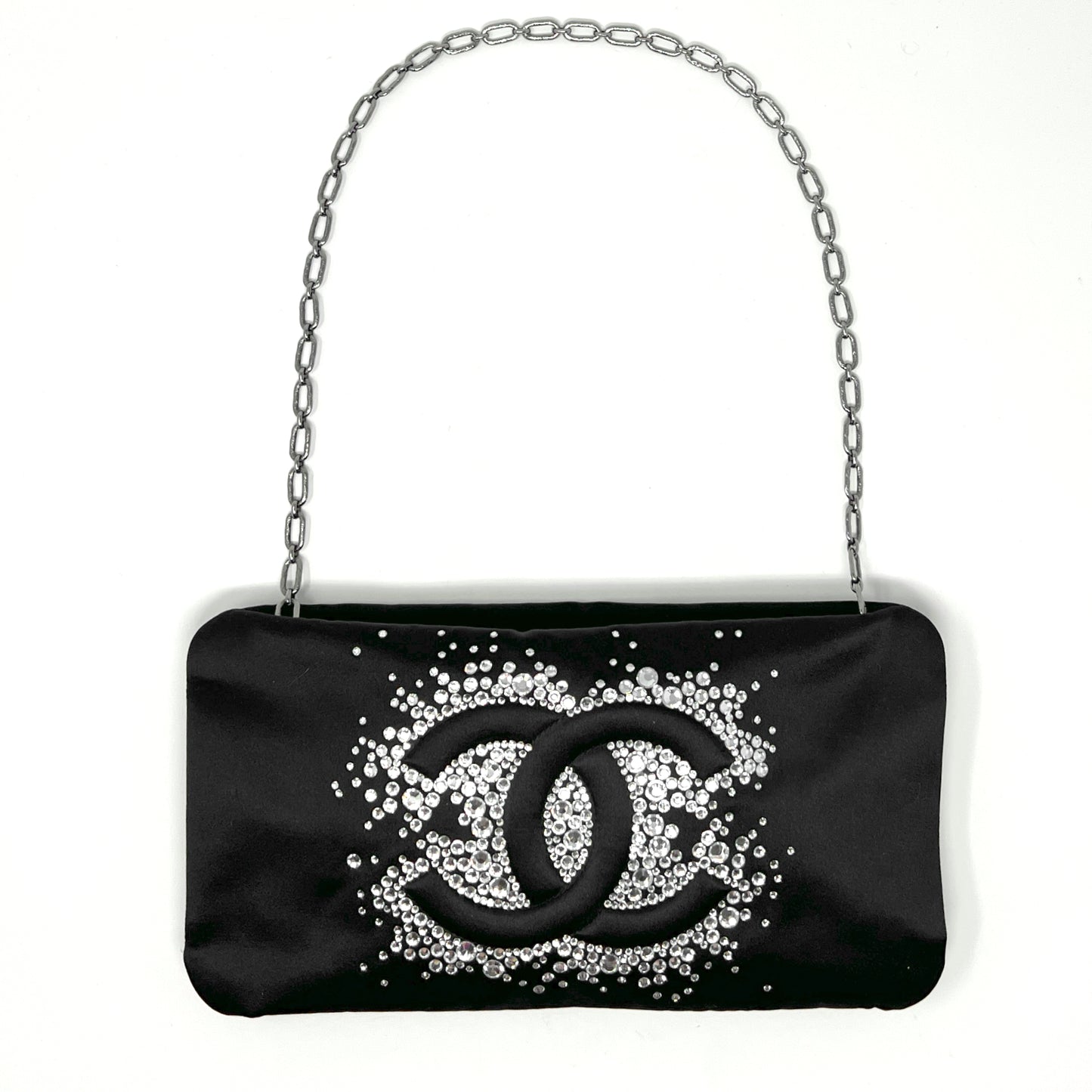 Chanel Diamante Swarovski Crystal Embellished. Black Satin Evening Bag Clutch