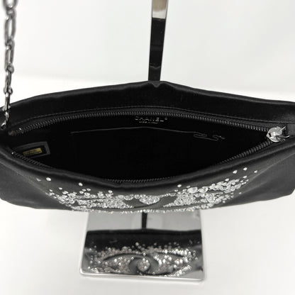 Chanel Diamante Swarovski Crystal Embellished. Black Satin Evening Bag Clutch