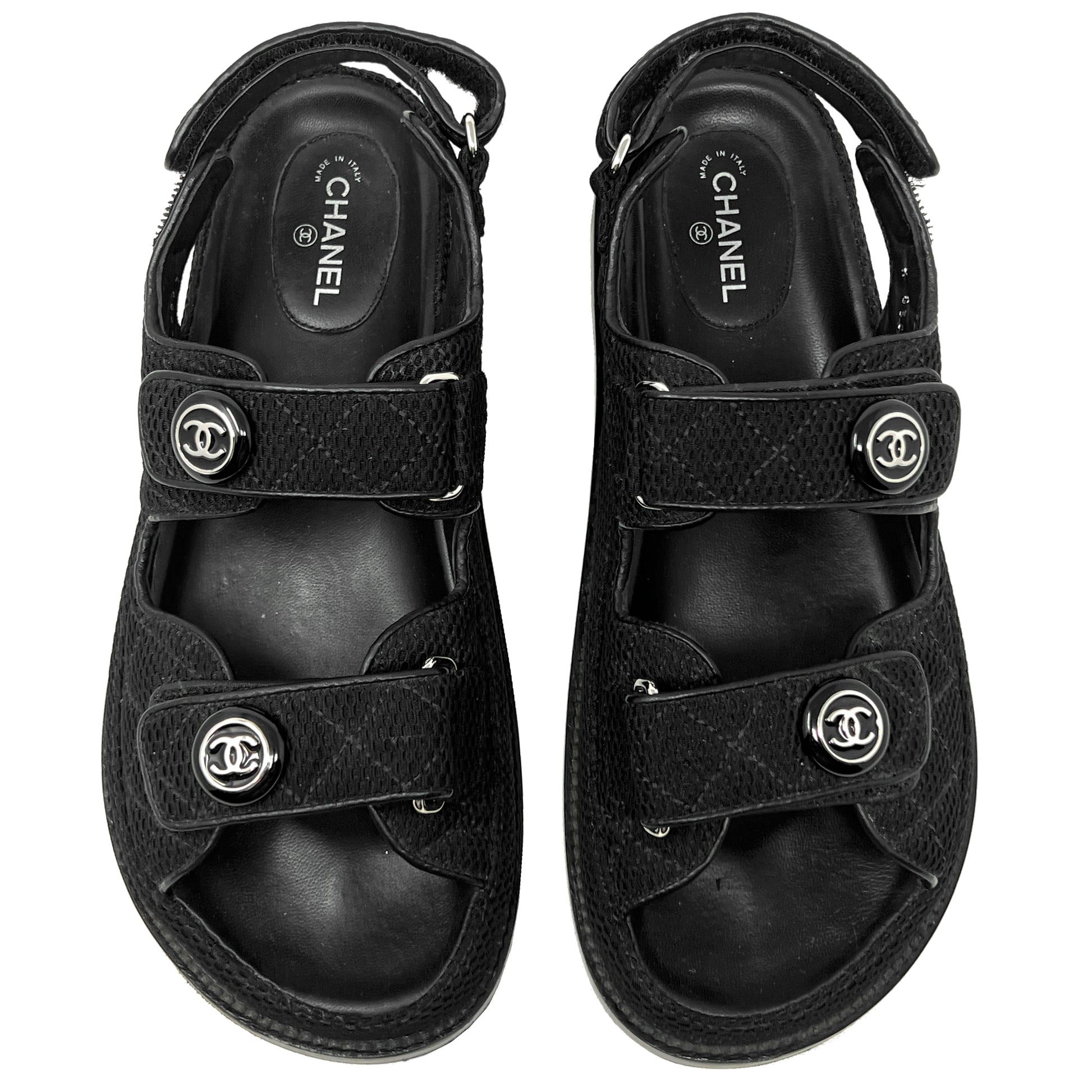 Chanel Interlocking Logo Black Quilted Fabric Double Strap Dad Flat Sandals