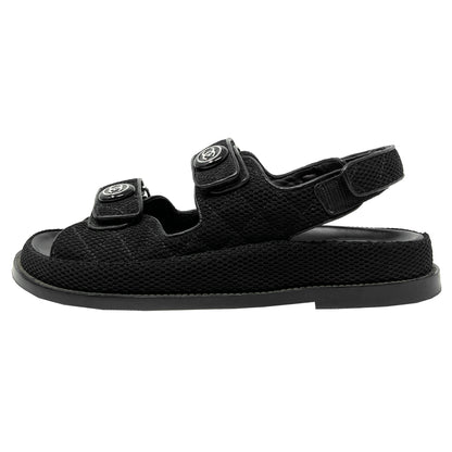 Chanel Interlocking Logo Black Quilted Fabric Double Strap Dad Flat Sandals