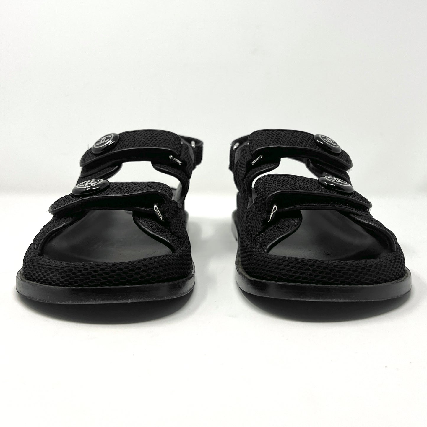 Chanel Interlocking Logo Black Quilted Fabric Double Strap Dad Flat Sandals Size EU 38.5