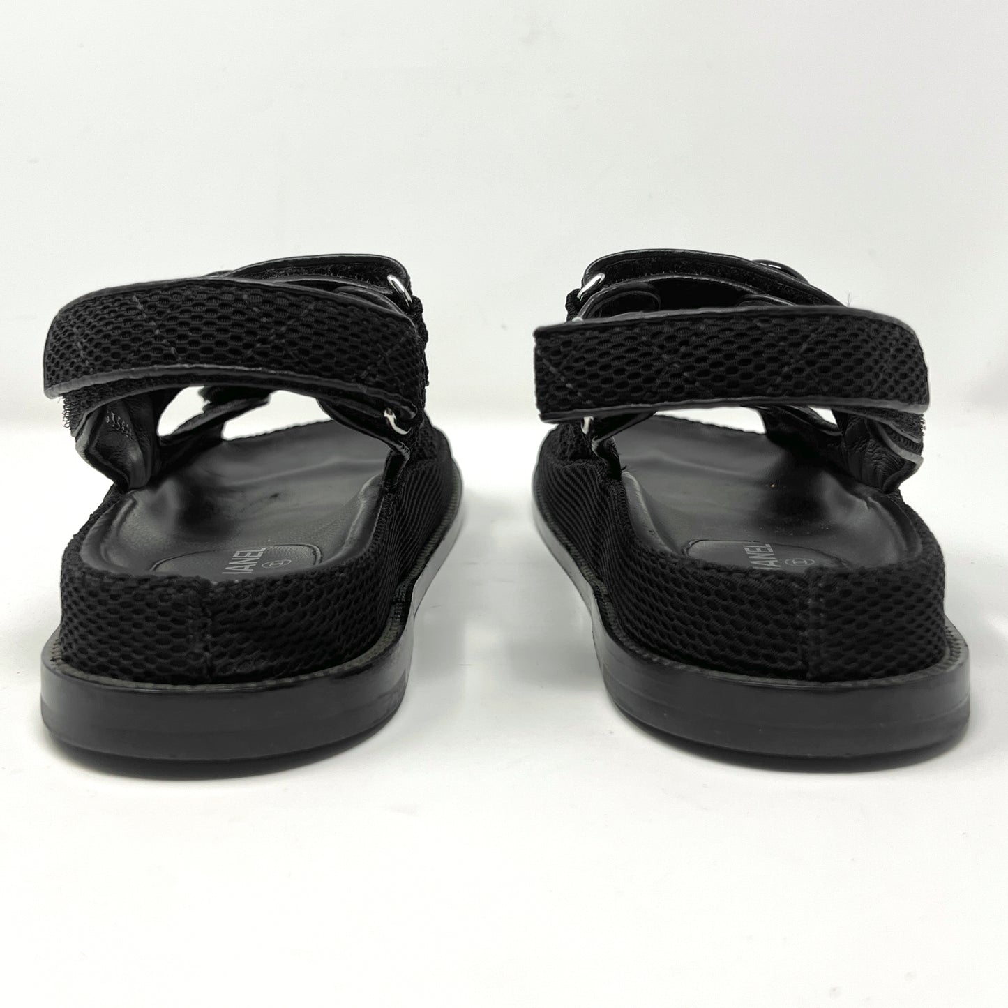 Chanel Interlocking Logo Black Quilted Fabric Double Strap Dad Flat Sandals Size EU 38.5