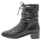 Chanel Black Matelasse Quilted Patent Leather Cap Toe Block Heel Mid Calf Boots