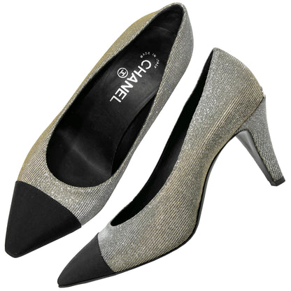 Chanel Grosgrain Cap Toe Metallic Fabric Lurex Pointed toe Logo Heels Pumps