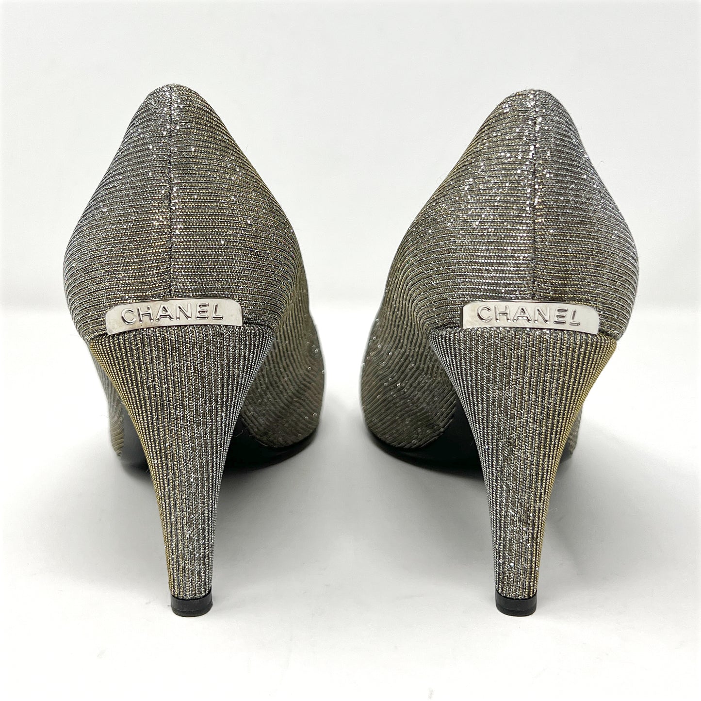 Chanel Grosgrain Cap Toe Metallic Fabric Lurex Pointed toe Logo Heels Pumps
