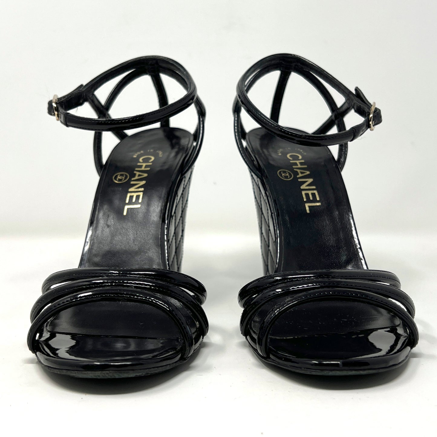 Chanel Black Patent Leather Quilted Matelasse Strappy Wedge Caged Heel Sandals Size EU 38