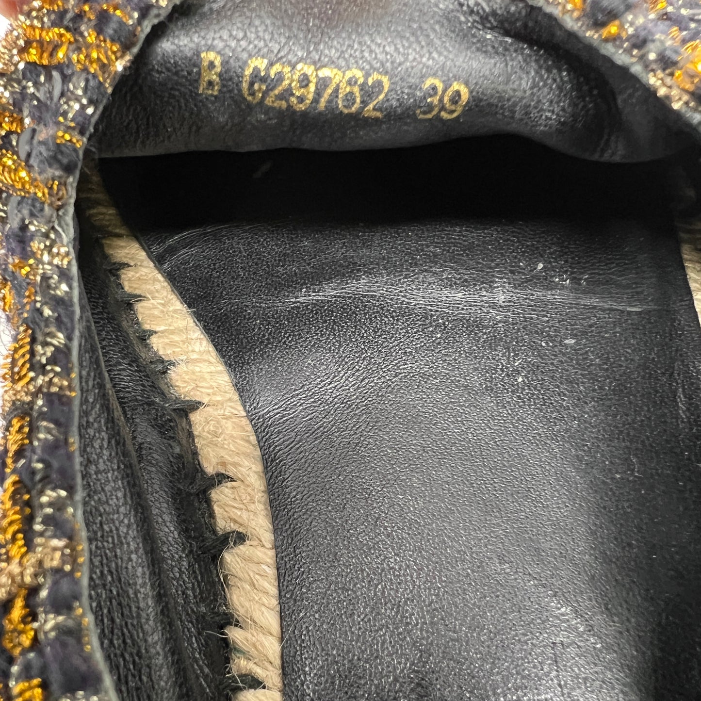 Chanel Black Grosgrain Cap Toe Gold Metallic Tweed Espadrille Flats Size EU 39