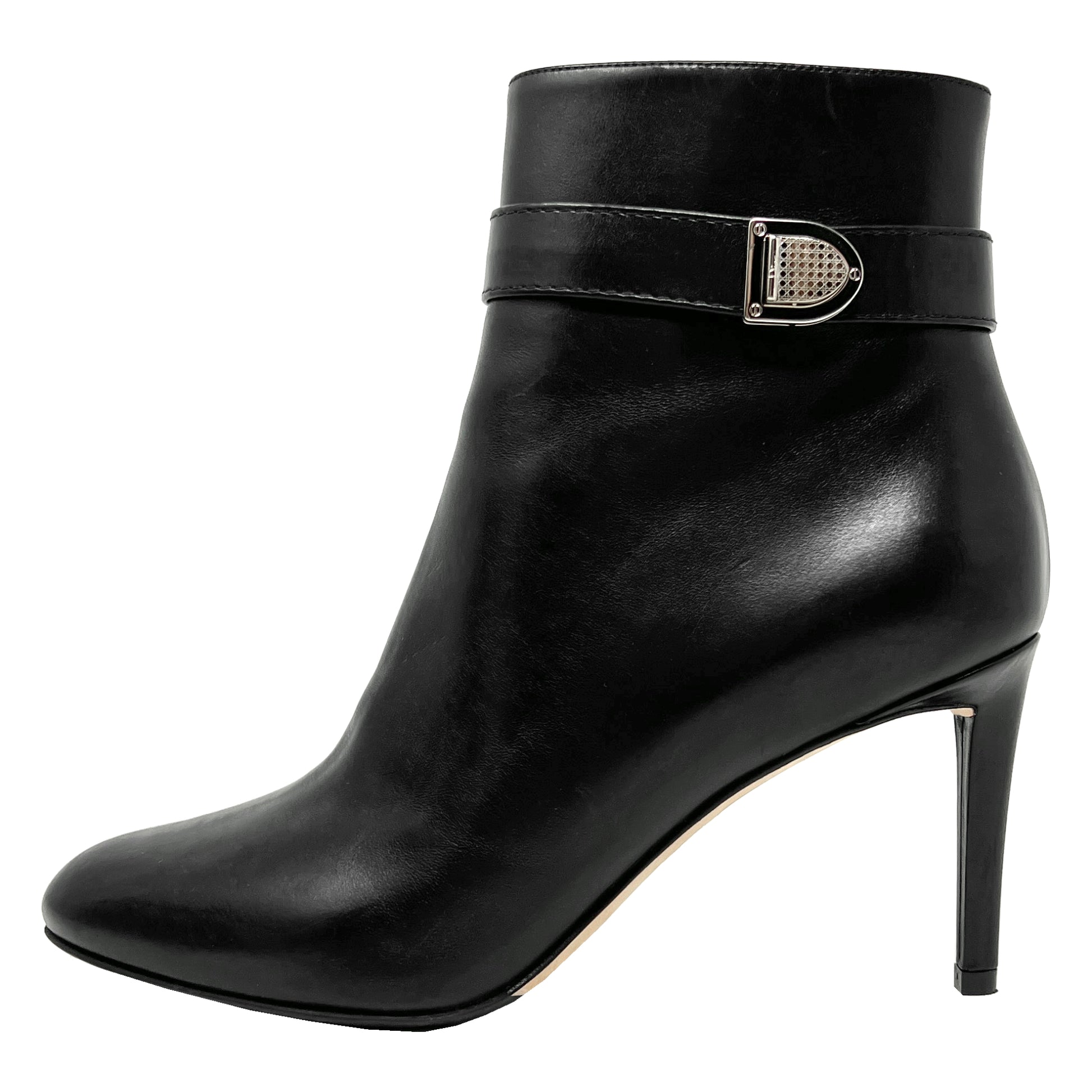 Christian Dior Black Leather Almond Round Toe Silver Buckle Heels Ankle Boots