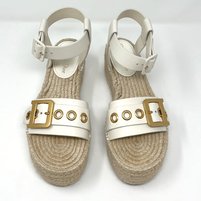 Christian Dior D-Dior Gold Logo Off White Leather Espadrille Platform Sandals Size EU 39