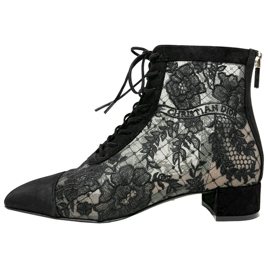 Dior Black Cap Toe Suede Trim Lace Naughtily D Logo Lace Up Flat Ankle Boots
