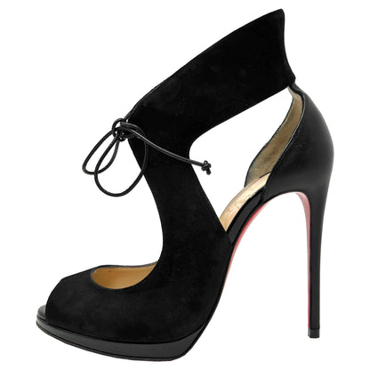 Christian Louboutin Campanina Black Suede Patent Leather Tie Front Pumps Heels Size EU 36