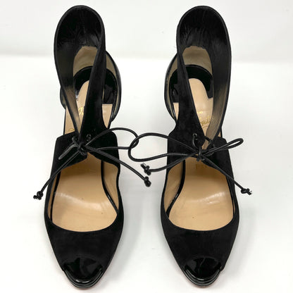 Christian Louboutin Campanina Black Suede Patent Leather Tie Front Pumps Heels Size EU 36