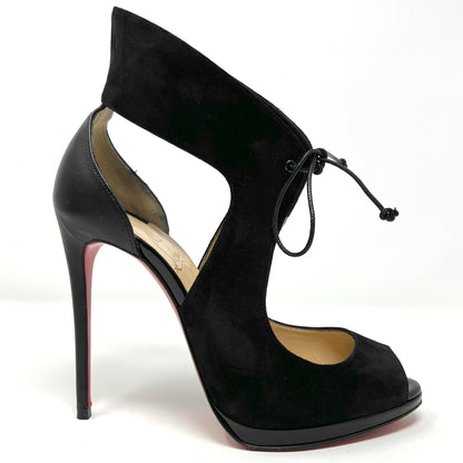 Christian Louboutin Campanina Black Suede Patent Leather Tie Front Pumps Heels Size EU 36