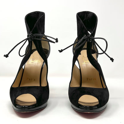 Christian Louboutin Campanina Black Suede Patent Leather Tie Front Pumps Heels Size EU 36