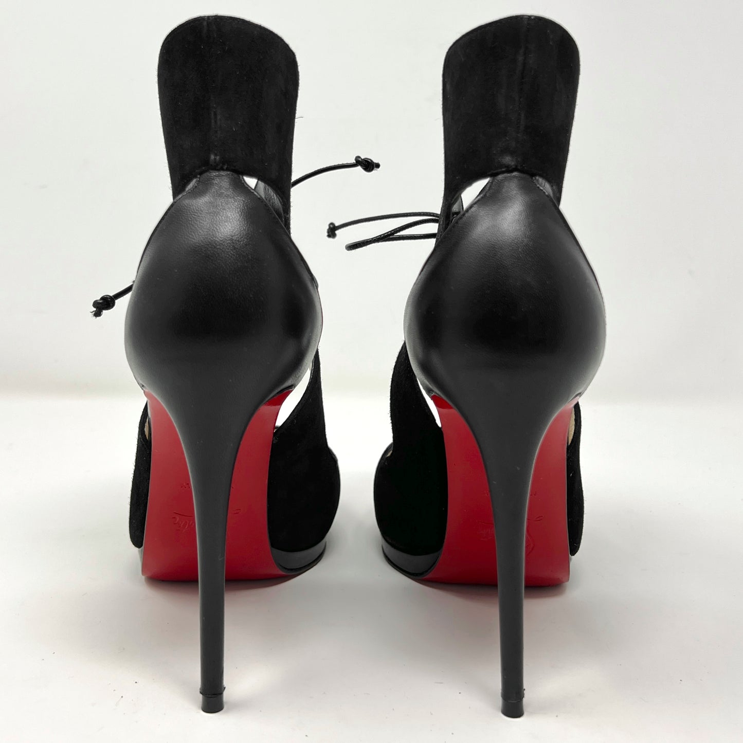 Christian Louboutin Campanina Black Suede Patent Leather Tie Front Pumps Heels Size EU 36