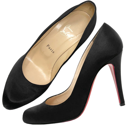 Christian Louboutin Decollete 868 Black Satin Almond Toe Heels Pumps Size EU 39