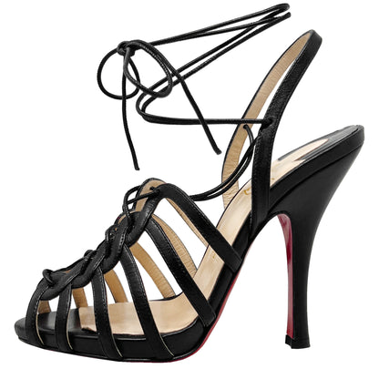 Christian Louboutin Flamequeen 120 Black Leather Strappy Lace Up Heels Sandals EU 37