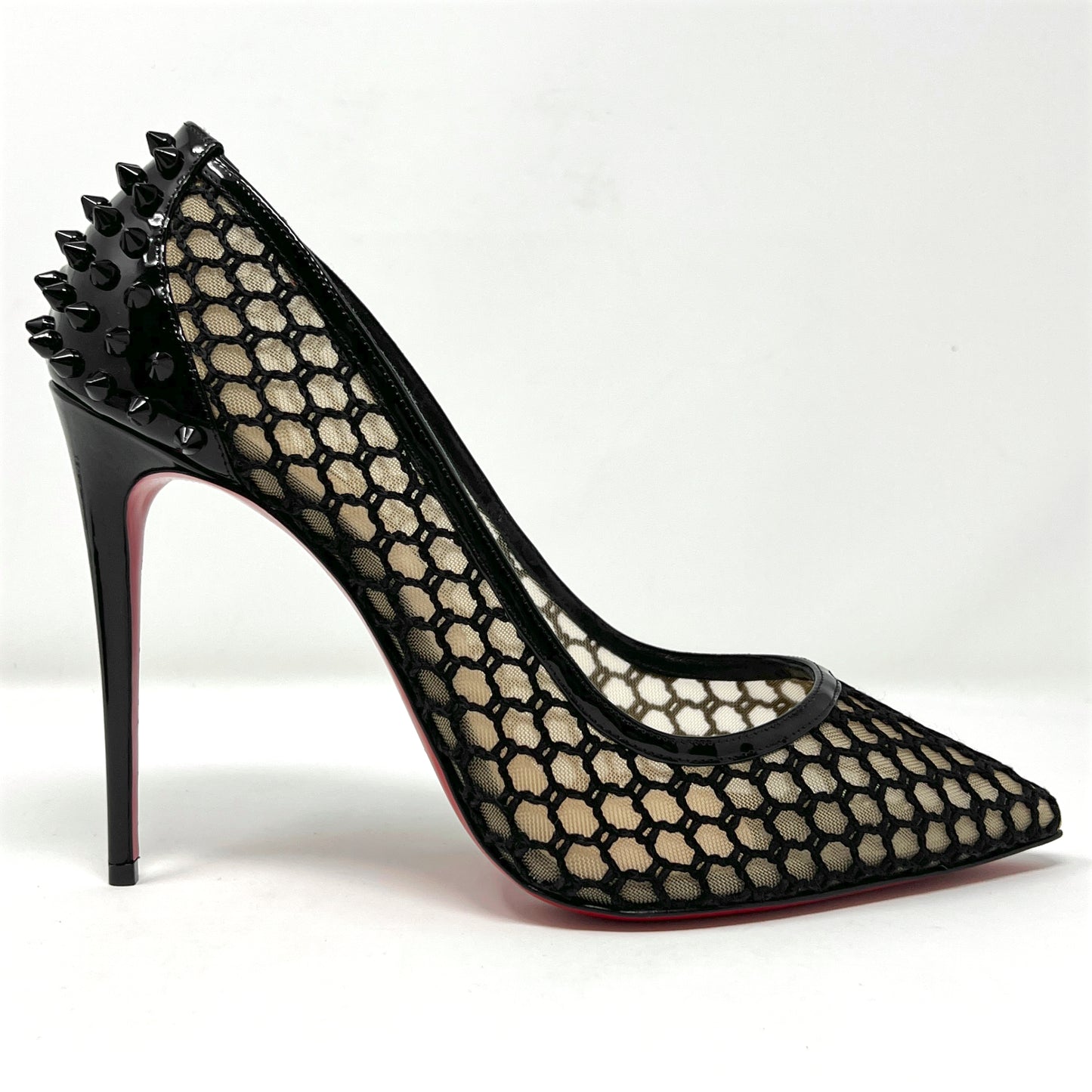 Christian Louboutin Guni Spiked Patent Leather Heels Trim Mesh Pointed Toe Pumps Size EU 41