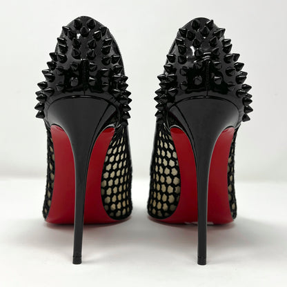 Christian Louboutin Guni Spiked Patent Leather Heels Trim Mesh Pointed Toe Pumps Size EU 41