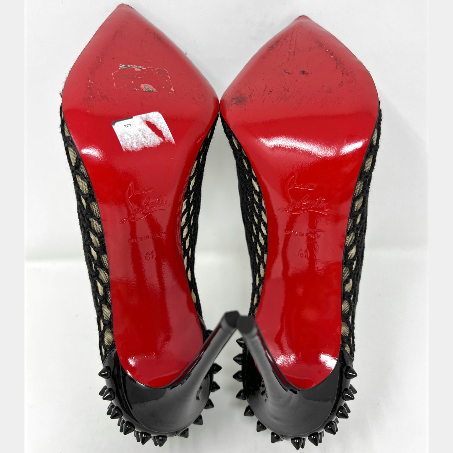 Christian Louboutin Guni Spiked Patent Leather Heels Trim Mesh Pointed Toe Pumps Size EU 41