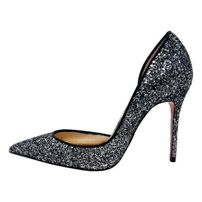 Christian Louboutin Iriza Blue Silver Glitter Pointed Toe D'Orsay Pumps Heels Size EU 35.5