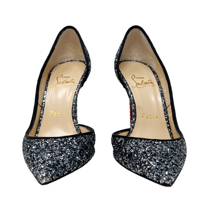 Christian Louboutin Iriza Blue Silver Glitter Pointed Toe D'Orsay Pumps Heels Size EU 35.5