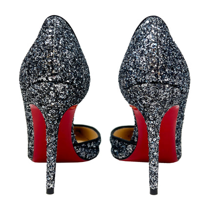 Christian Louboutin Iriza Blue Silver Glitter Pointed Toe D'Orsay Pumps Heels Size EU 35.5