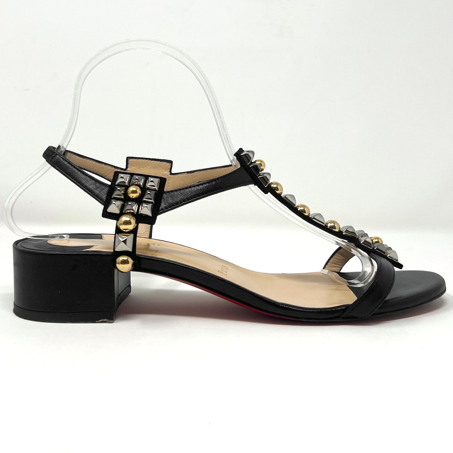 Christian Louboutin Kaleidra Metallic Silver Gold Studded Black Leather Sandals Size EU 39.5