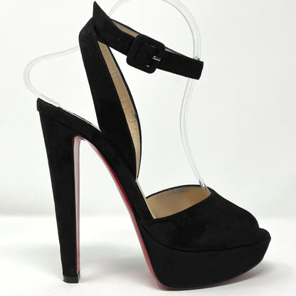 Christian Louboutin Louloudancing Black Suede Platform Peep Toe Sandals Pumps Size EU 38.5