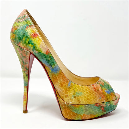 Christian Louboutin Python Pixel Multicolor Troca 140 Peep Toe Pumps Heels Size EU 38