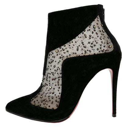 Christian Louboutin Papilloboot Black Suede Mesh Glitter Pointed Toe Ankle Boots Size EU 36