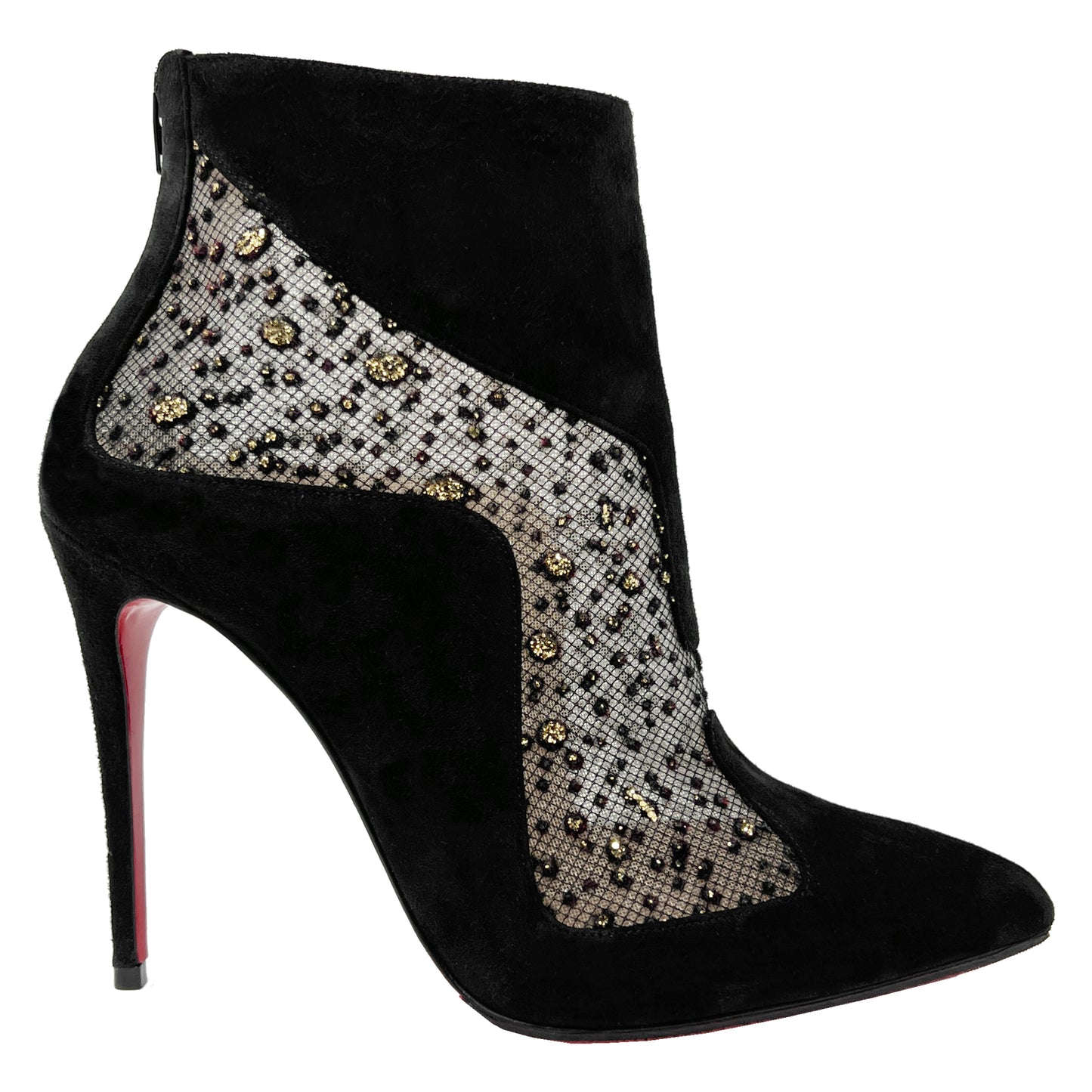 Christian Louboutin Papilloboot Black Suede Mesh Glitter Pointed Toe Ankle Boots Size EU 36