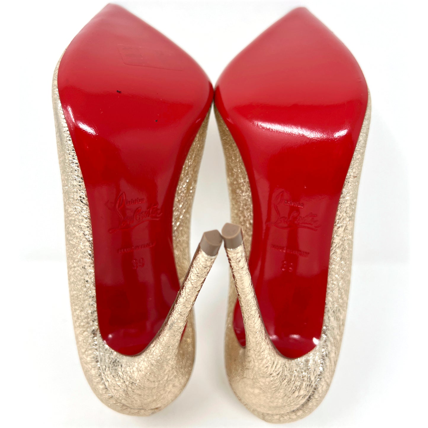 Christian Louboutin So Kate 120 Gold Foil Crinkled Leather Pointed Pumps Heels Size EU 39