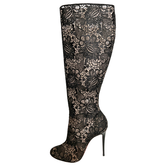 Christian Louboutin Tennissima 100 Black Guipure Lace Mesh Tall Knee High Boots Size EU 39