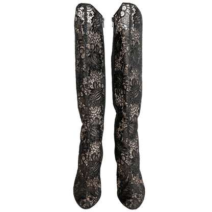 Christian Louboutin Tennissima 100 Black Guipure Lace Mesh Tall Knee High Boots Size EU 39
