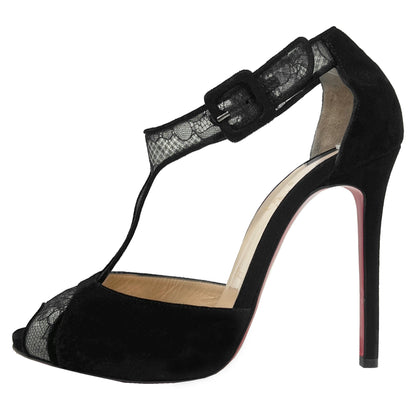 Christian Louboutin Black Lace Voile 120 Dentelle Suede Peep Toe Pumps Heels Size EU 39