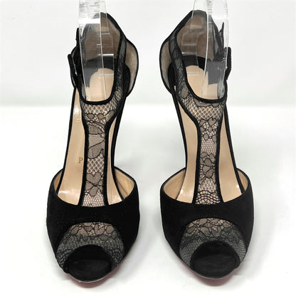 Christian Louboutin Black Lace Voile 120 Dentelle Suede Peep Toe Pumps Heels Size EU 39