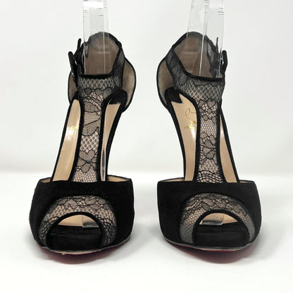 Christian Louboutin Black Lace Voile 120 Dentelle Suede Peep Toe Pumps Heels Size EU 39