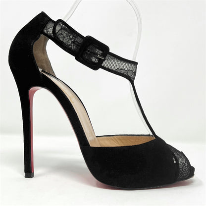 Christian Louboutin Black Lace Voile 120 Dentelle Suede Peep Toe Pumps Heels Size EU 39