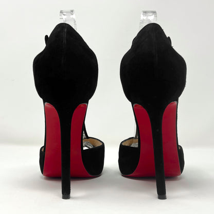 Christian Louboutin Black Lace Voile 120 Dentelle Suede Peep Toe Pumps Heels Size EU 39