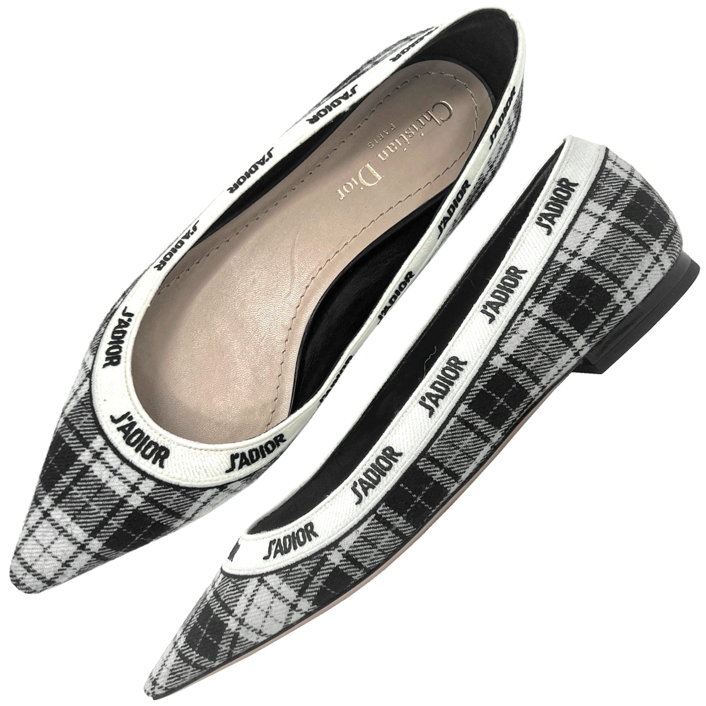Dior J'Adior Black White Wool Tartan Print Logo Ribbon Trim Pointed Toe Flats Size EU 38