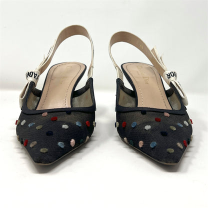 Dior J'Adior Multicolor Velvet Polka Dot Black Mesh Pointed Logo Slingback Pumps Size EU 39