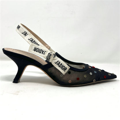 Dior J'Adior Multicolor Velvet Polka Dot Black Mesh Pointed Logo Slingback Pumps Size EU 39