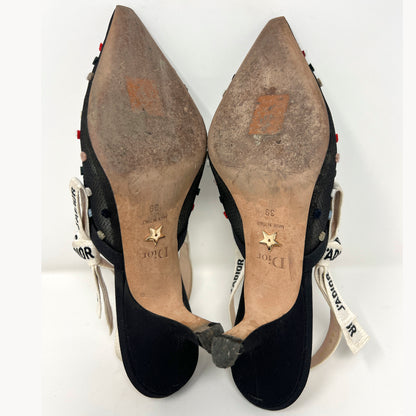 Dior J'Adior Multicolor Velvet Polka Dot Black Mesh Pointed Logo Slingback Pumps Size EU 39