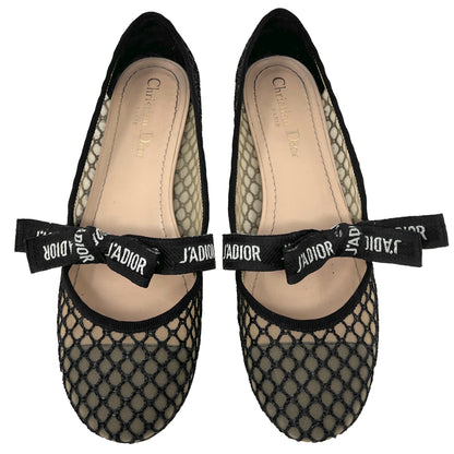 Dior Miss Dior Logo Ribbon Black Resille Leather Mesh Round Toe Ballet Flats