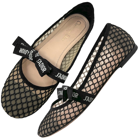 Dior Miss Dior Logo Ribbon Black Resille Leather Mesh Round Toe Ballet Flats