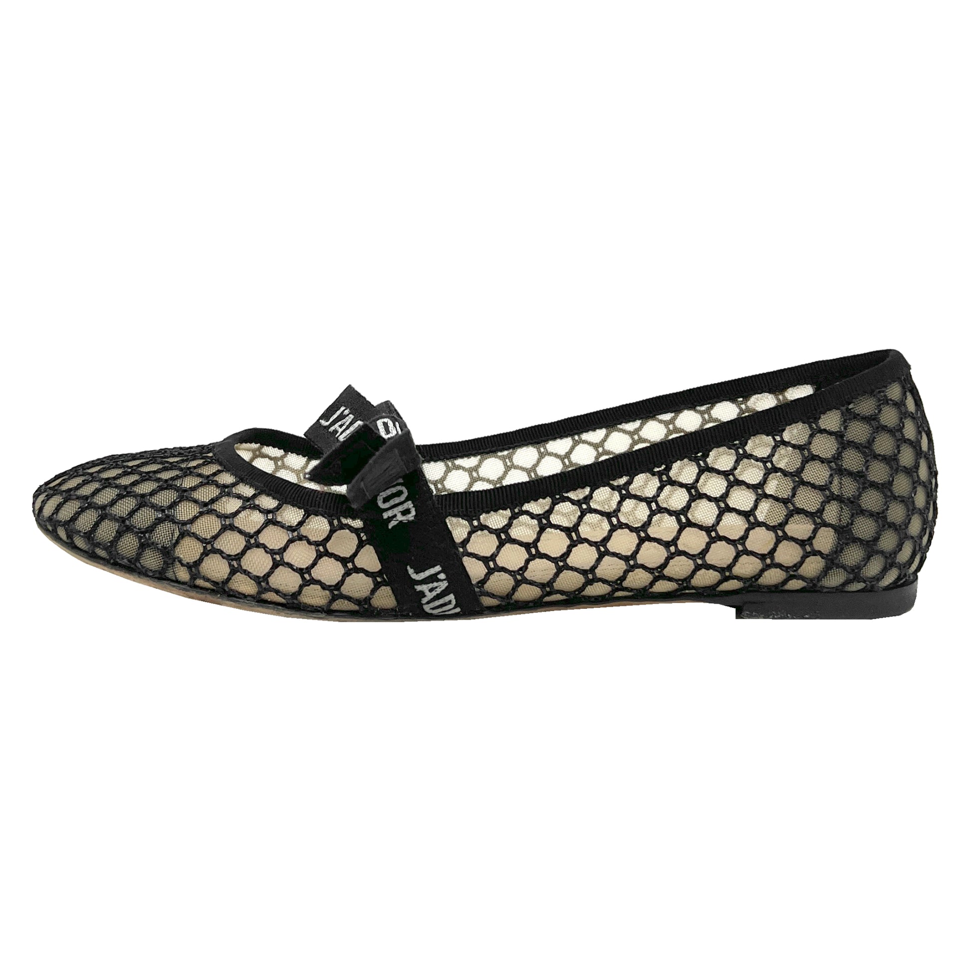 Dior Miss Dior Logo Ribbon Black Resille Leather Mesh Round Toe Ballet Flats