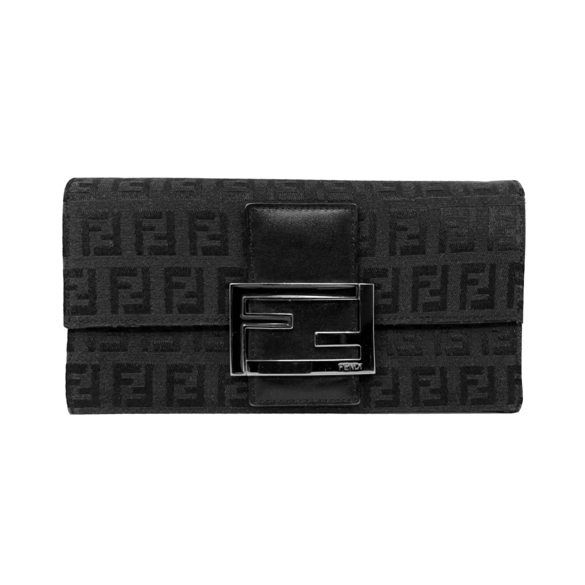 Fendi Zucchino Baguette Black Monogram Logo Bifold Continental Flap Wallet
