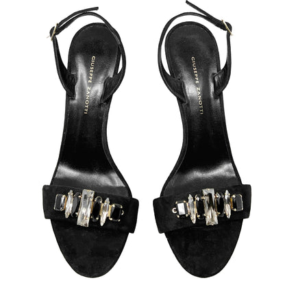 Giuseppe Zanotti Gem Crystal Embellished Black Suede Slingback High Heel Sandals