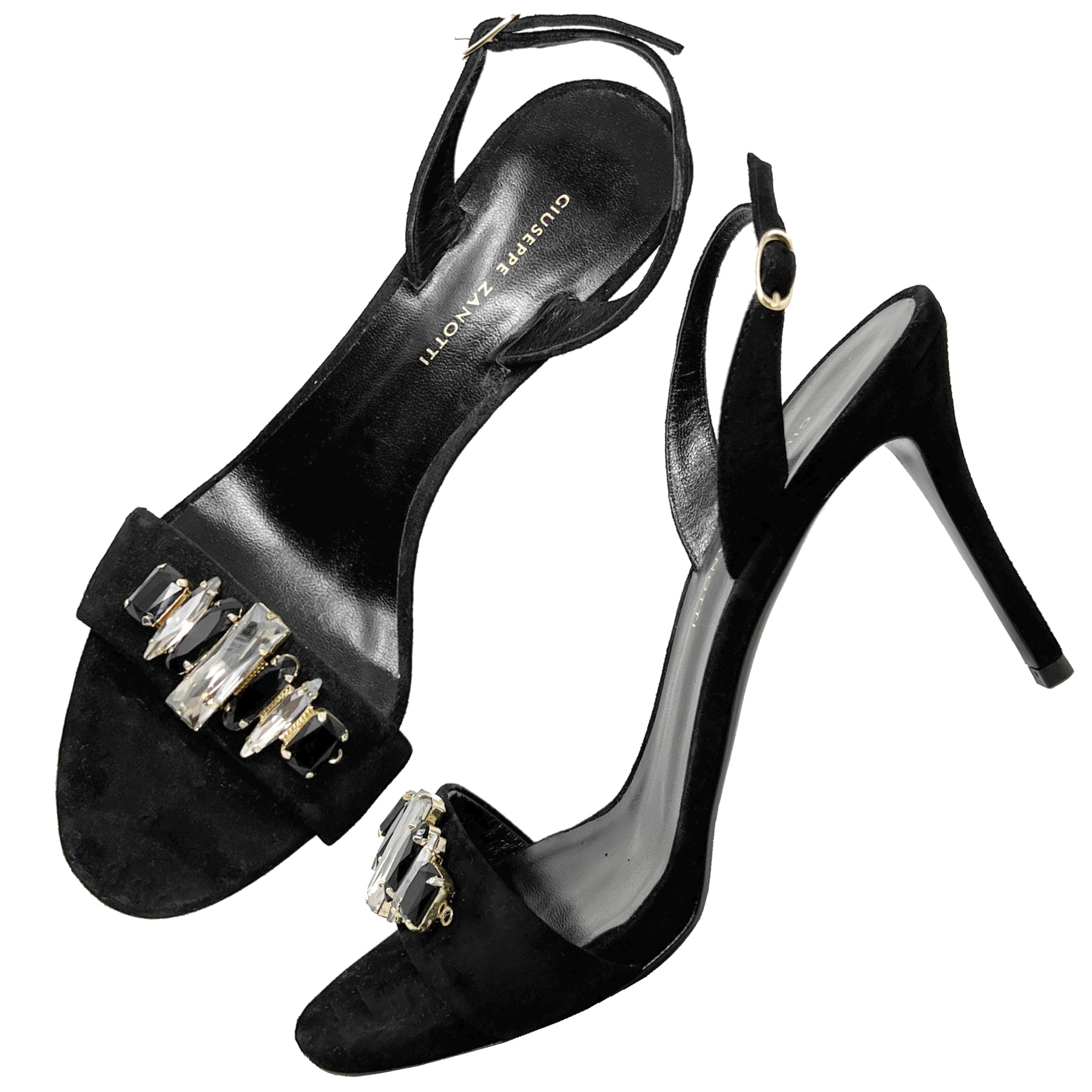 Giuseppe Zanotti Gem Crystal Embellished Black Suede Slingback High Heel Sandals